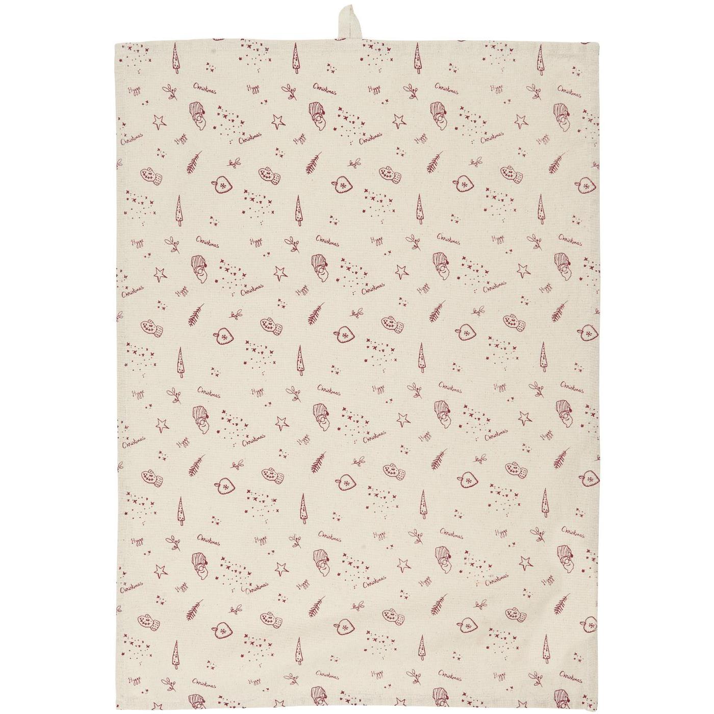 Tea Towel Merle Natural - red pattern and text