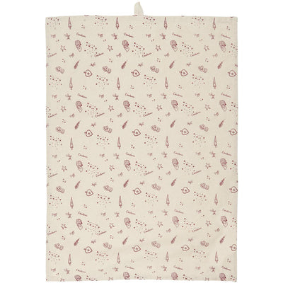 Tea Towel Merle Natural - red pattern and text