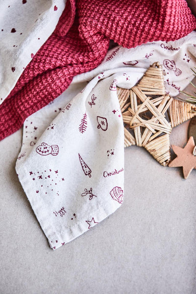 Tea Towel Merle Natural - red pattern and text