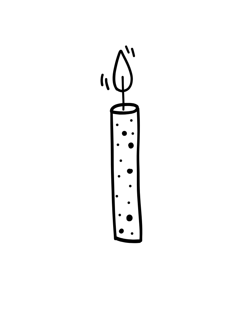 Simple black line drawing of a candle with a flame on a white background
