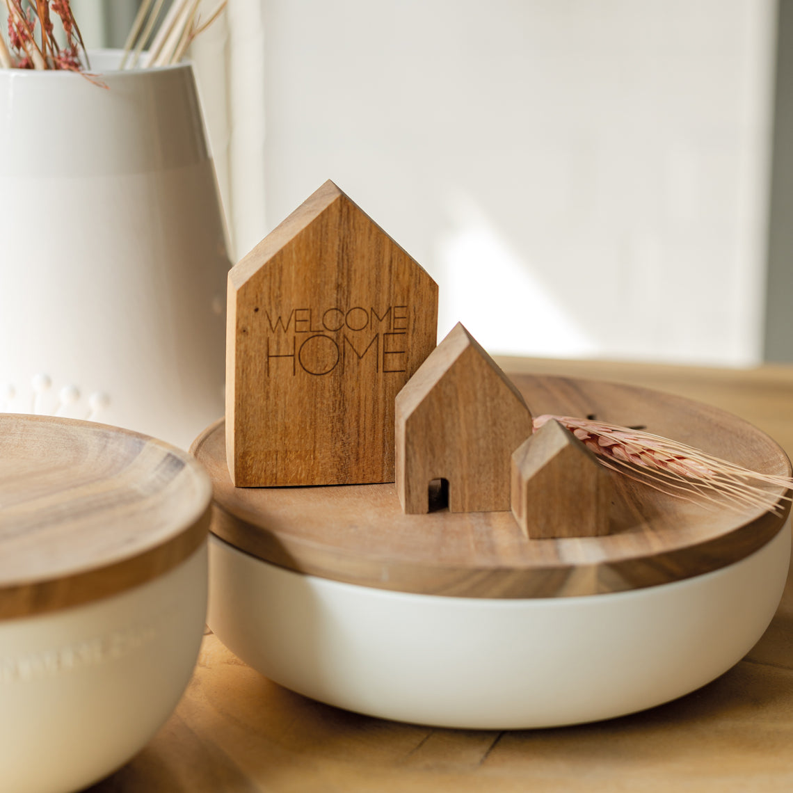 WOODEN HOUSES SET OF 3 "WELCOME HOME"