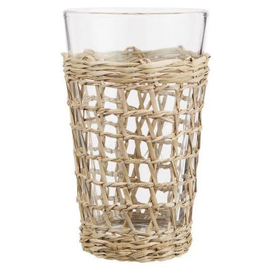 Drinking glass with straw weaving